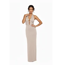 Jendue Women's Siena Denim Maxi Dress - Elegant Halter Neck Cut-Out