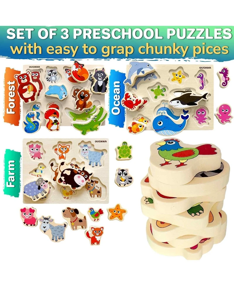 Quokka 3x25 Pcs Chunky Wooden Puzzles for Toddlers 2-4 Ages