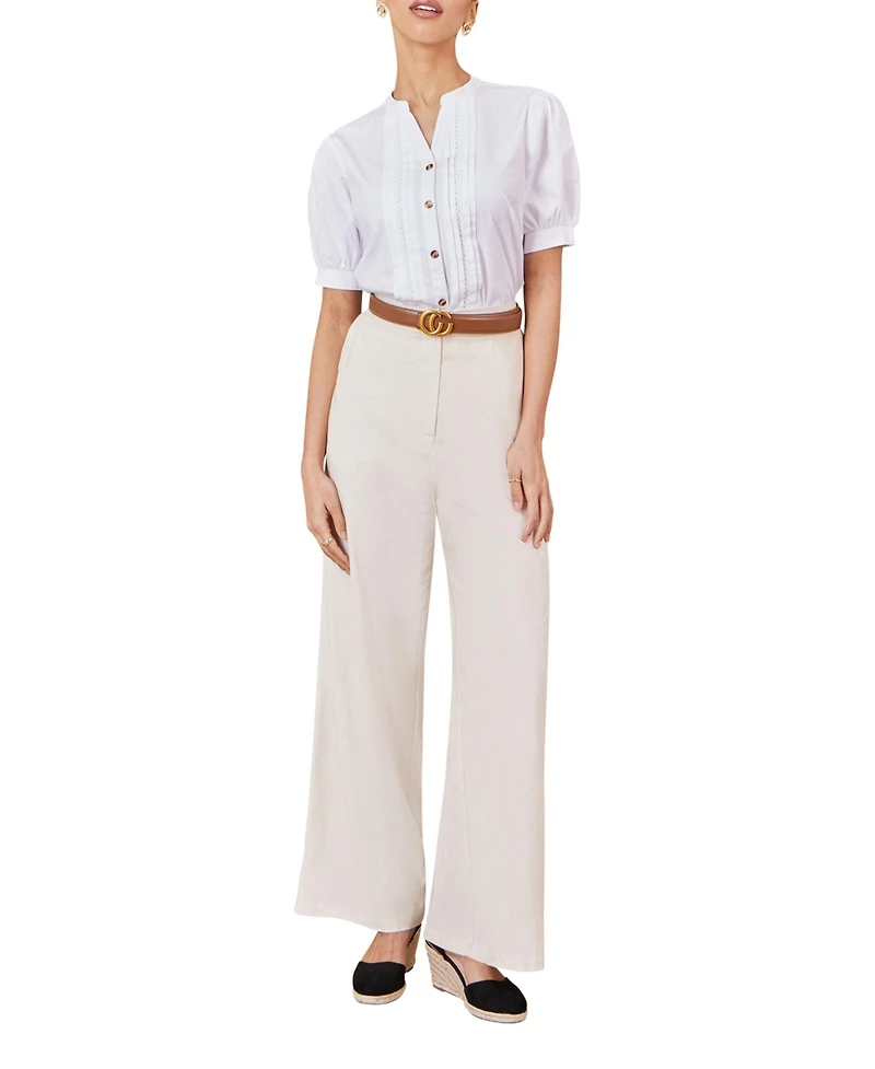 Yumi Women's Cotton Pleated Short Sleeve Shirt