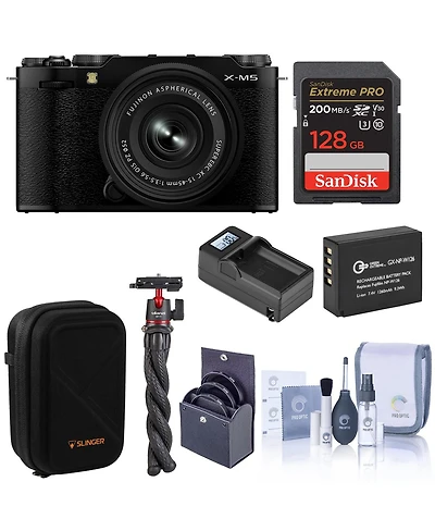 Fujifilm X-M5 Mirrorless Camera with Xc 15-45mm f/3.5-5.6 Ois Pz Lens, Black, Bundle with 128GB Memory Card, Extra Battery, Tripod with Ball Head,