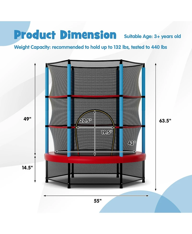 Gymax 55'' Mini Trampoline for Kids w/ Safety Enclosure Net & Seamless Design