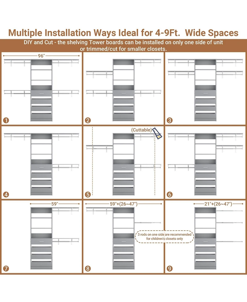 Aheaplus 96 inches Closet Organizer System with 4 Reversible Shelves and 4 Wood Drawers, Wardrobe Clothes Rack with 4 Hanging Rods