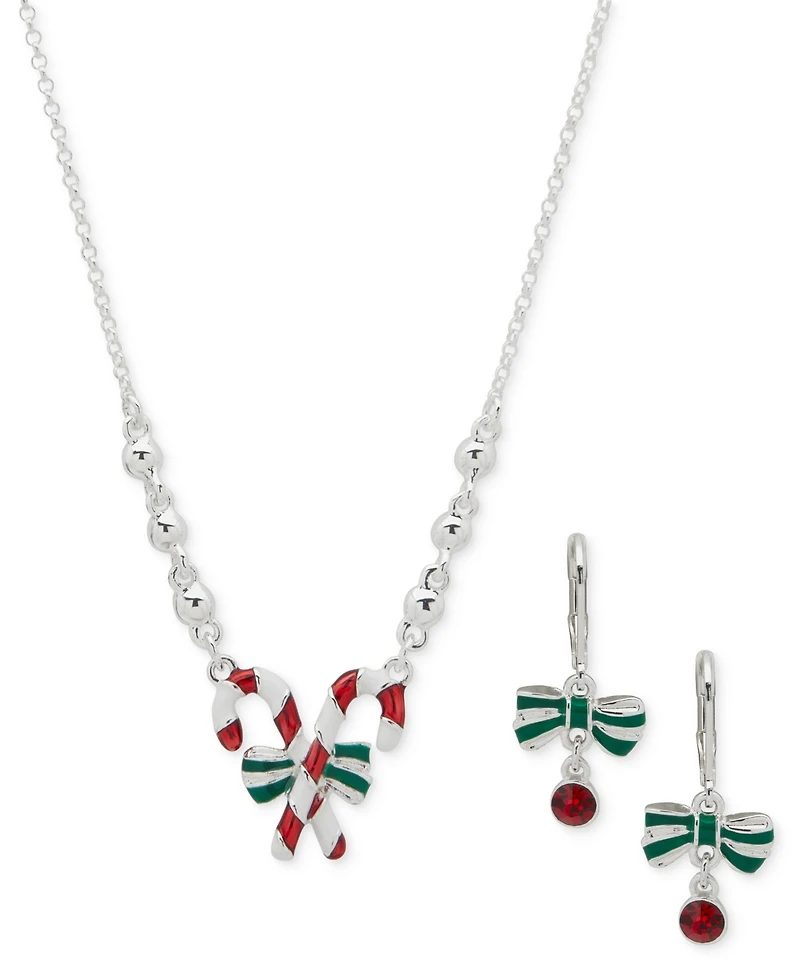 Anne Klein 2-Pc. Siam Silver Tone Candy Cane Pendant Necklace and Earrings Set