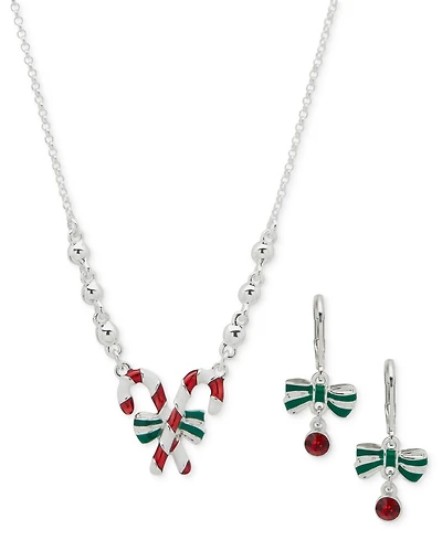 Anne Klein 2-Pc. Siam Silver Tone Candy Cane Pendant Necklace and Earrings Set