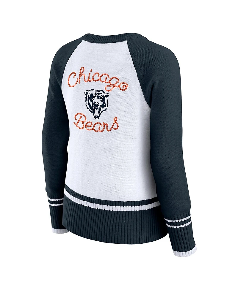 Wear by Erin Andrews Women's White/Navy Chicago Bears Color Block Raglan Sweater