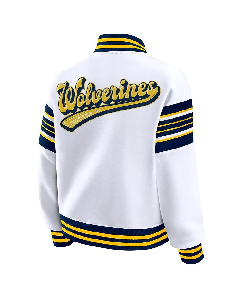 Wear by Erin Andrews Women's White/Navy Michigan Wolverines Satin Stitch Full-Snap Fleece Sweatshirt Jacket