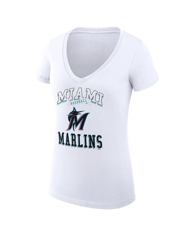 G-iii 4Her by Carl Banks Women's White Miami Marlins Super-Slim Fit Lightweight Team Logo Graphic V-Neck T-Shirt