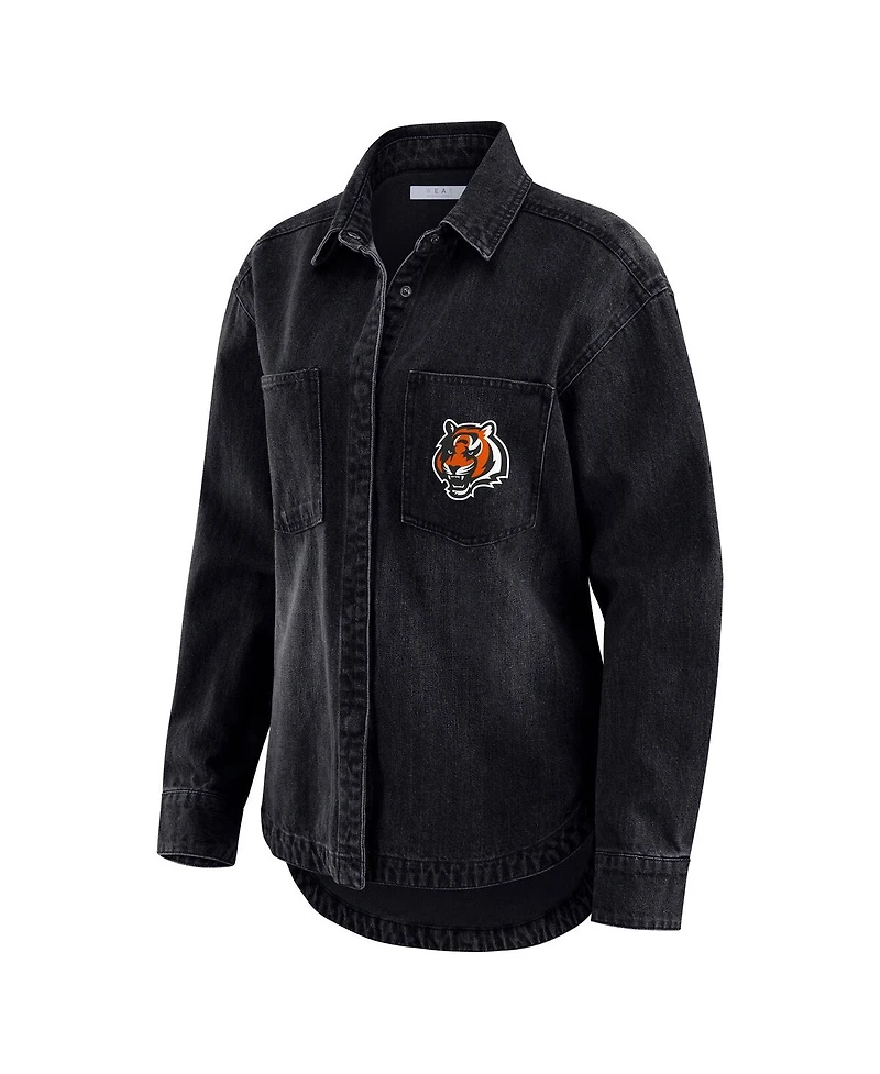 Wear by Erin Andrews Women's Black Cincinnati Bengals Washed Oversized Denim Full-Snap Shacket