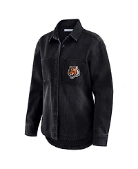 Wear by Erin Andrews Women's Black Cincinnati Bengals Washed Oversized Denim Full-Snap Shacket