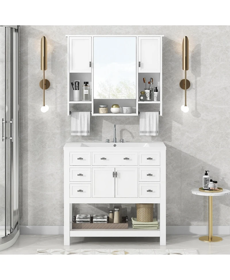 Casainc 36'' Bathroom Vanity with Top Sink, Mirror Cabinet with Towel Bar, 2 Doors & 6 Drawers