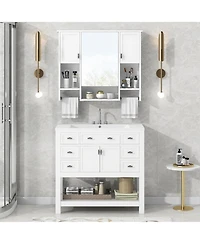 Casainc 36'' Bathroom Vanity with Top Sink, Mirror Cabinet with Towel Bar, 2 Doors & 6 Drawers