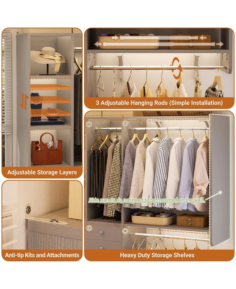 Aheaplus Closet System with Wooden Drawers and Two Hanging Rods