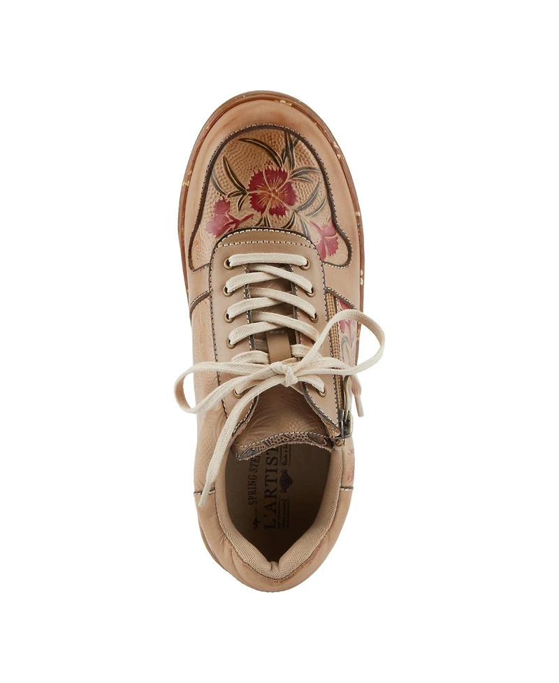 L Artiste Women s Sincerity Handpainted Leather Sneakers with Embossed Floral Accents and Side Zipper