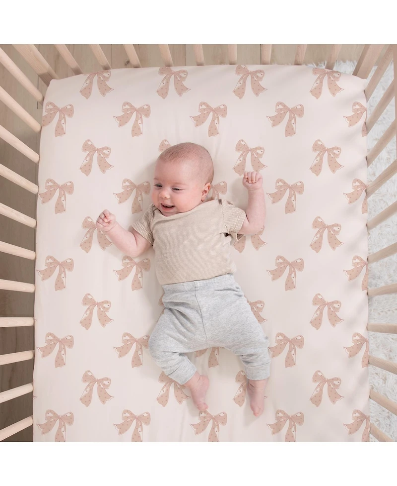 The Peanutshell 3 Piece Baby Crib Bedding Set for Girls - Cotton Fitted Crib Sheet, Layered Dust Ruffle, Comforter, Pink, Gold, Floral - Grace