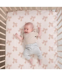 The Peanutshell 3 Piece Baby Crib Bedding Set for Girls - Cotton Fitted Crib Sheet, Layered Dust Ruffle, Comforter, Pink, Gold, Floral - Grace
