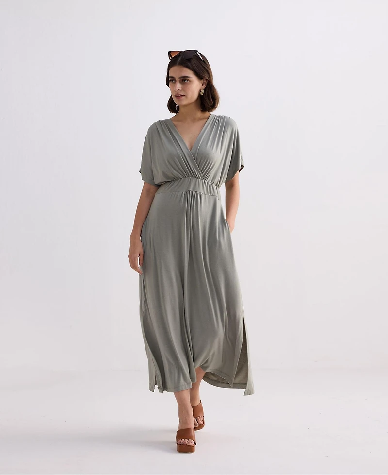 Reistor Women's FLowy A-Line Maxi Dress with Side Slits Light Olive