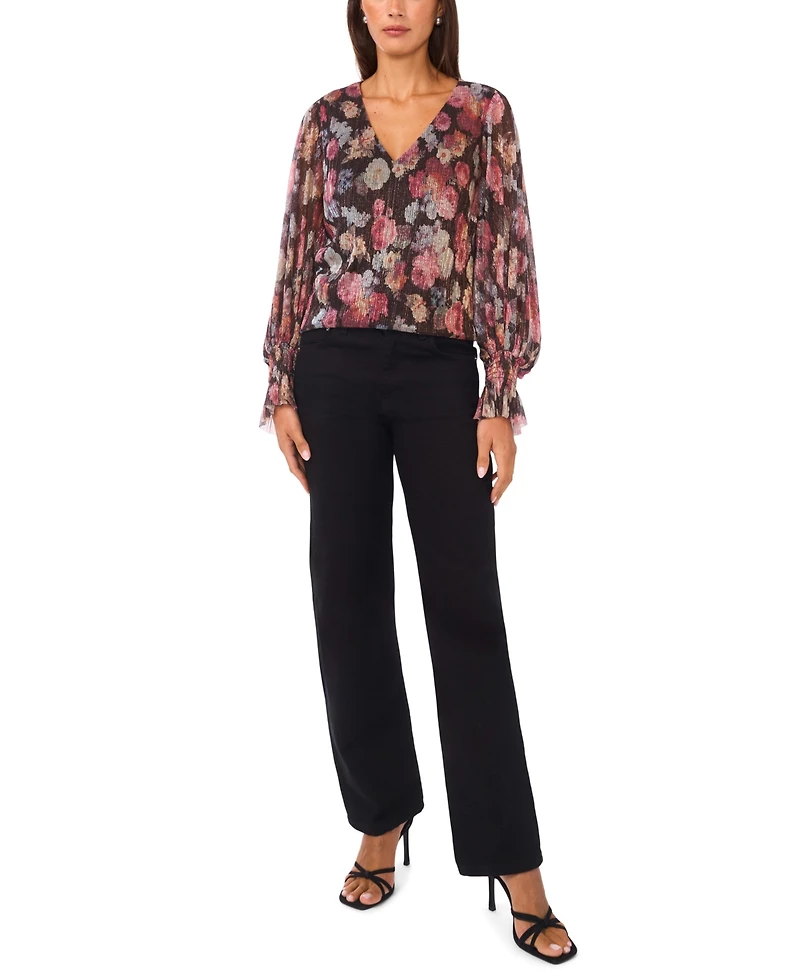 Vince Camuto Women's Long Sleeve V-Neck Shirred Cuffs Top