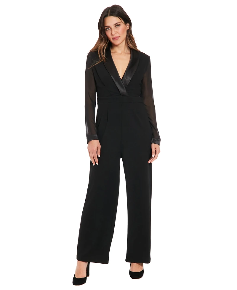 London Times Women's Long Sleeves Tuxedo Jumpsuit