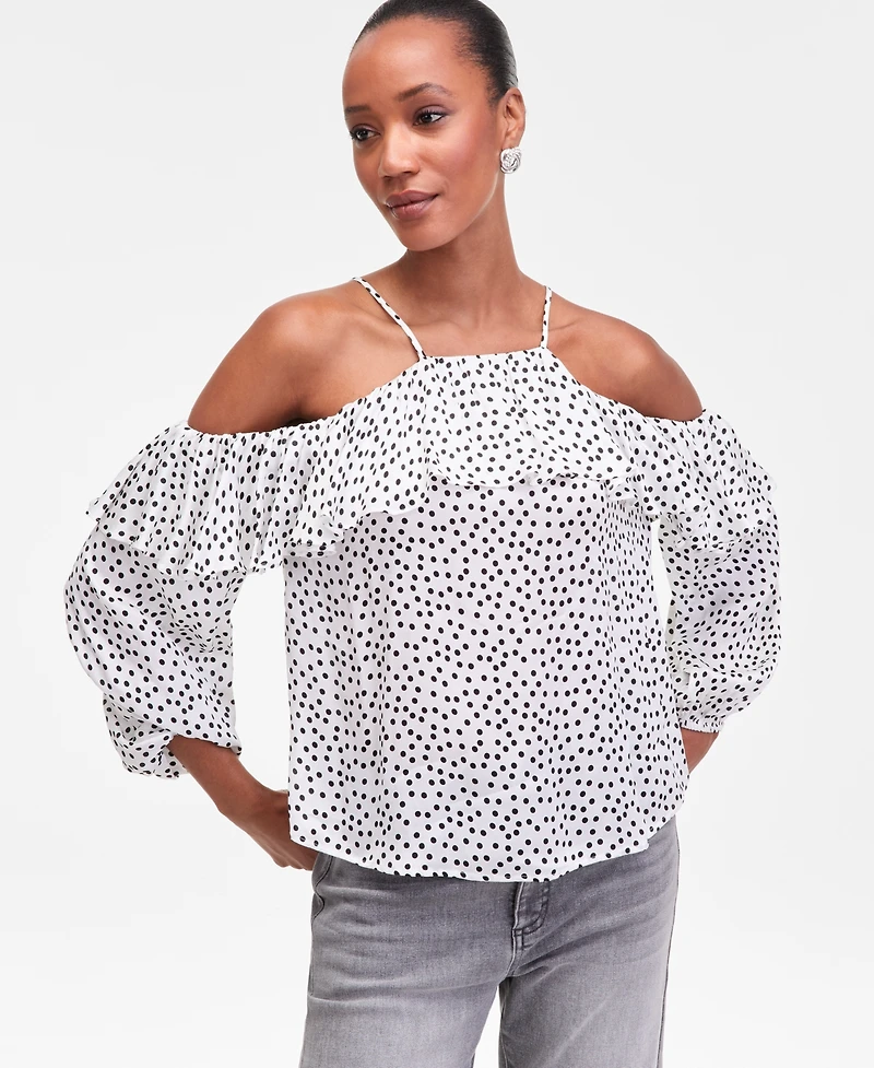 I.n.c. International Concepts Women's Cold-Shoulder Ruffle-Trim Blouse, Macy's Exclusive