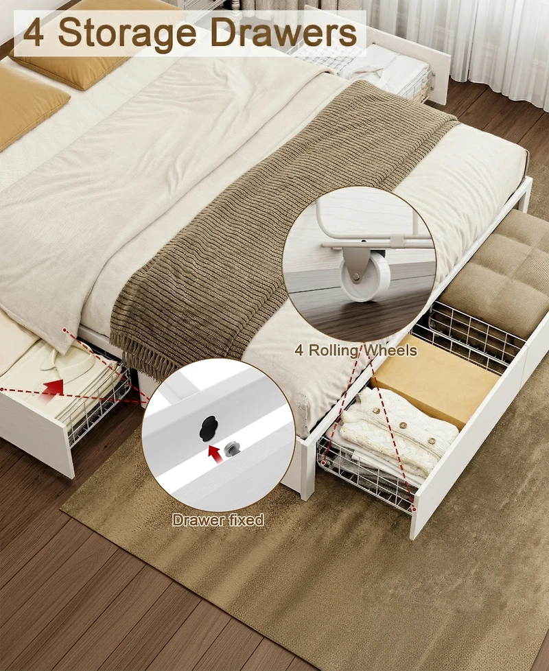Hausource King Size Bed Frame with Led Storage Headboard & 4 Drawers & Charging Station