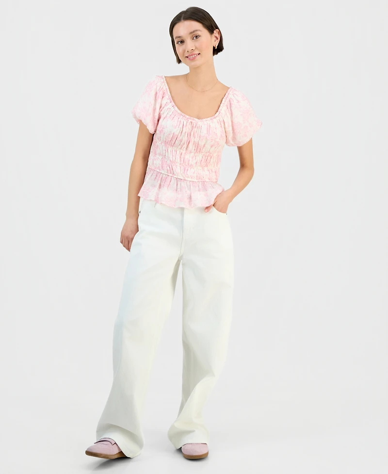 Sincerely Jules Juniors' Floral Print Short Sleeve Woven Top