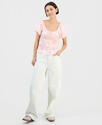 Sincerely Jules Juniors' Floral Print Short Sleeve Woven Top