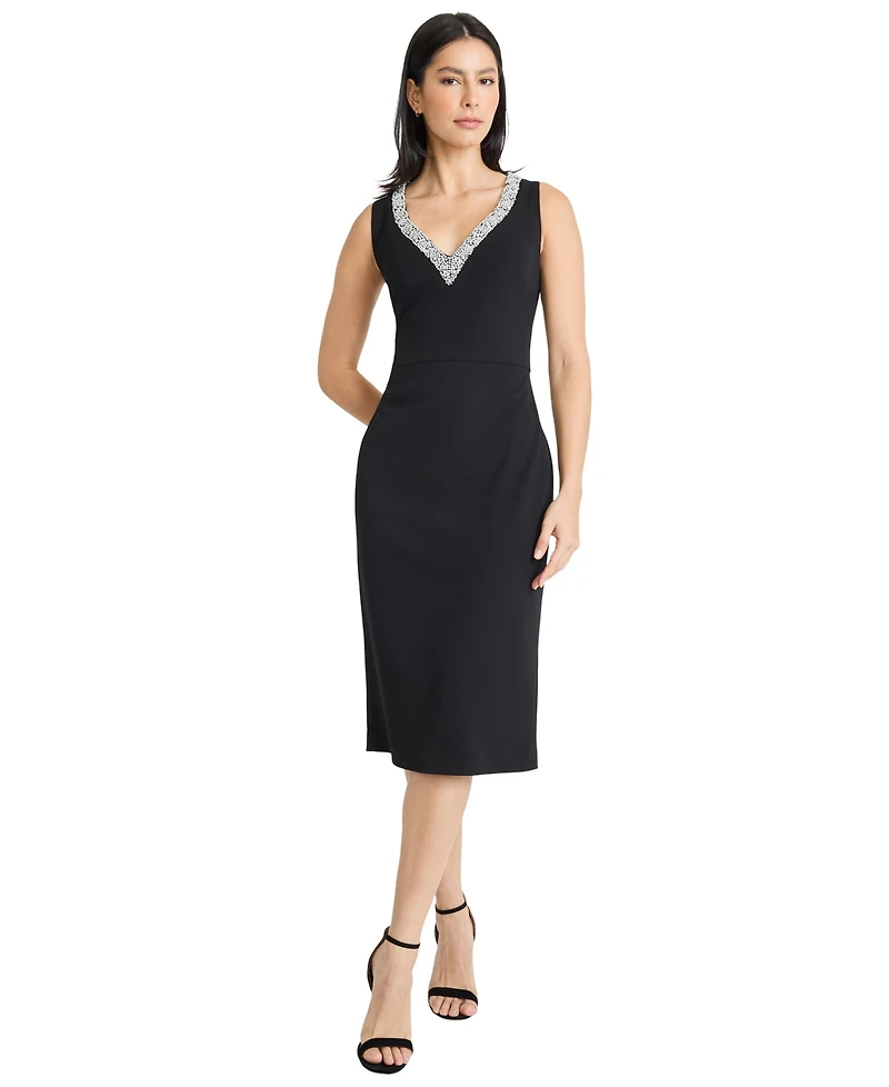 Maggy London Women's V-Neck Embellished Sheath Midi Dress