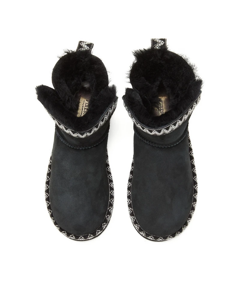 Fireside by Dearfoams Women's Perth Genuine Shearling Fold Down Bootie with Embroidery