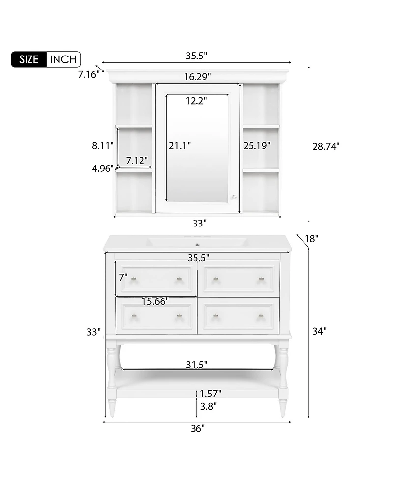 Casainc 36-Inch Bathroom Vanity with Mirror Cabinet, Adjustable Shelves, 4 Drawers & Solid Wood Storage Cabinet