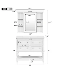 Casainc 36-Inch Bathroom Vanity with Mirror Cabinet, Adjustable Shelves, 4 Drawers & Solid Wood Storage Cabinet