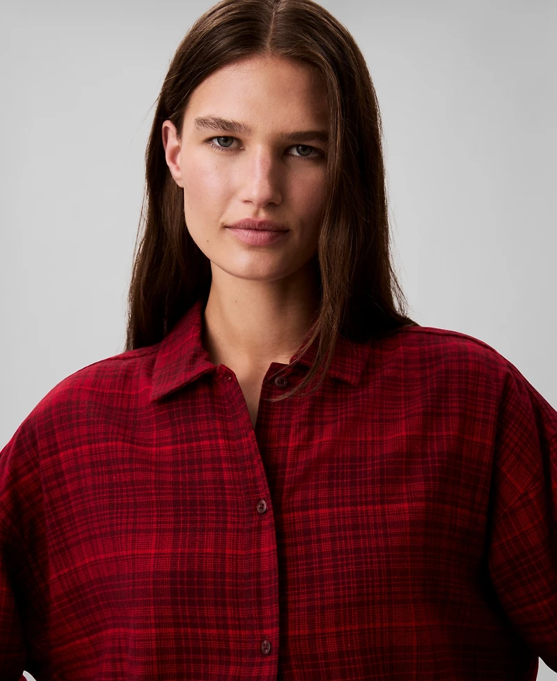 Calvin Klein Women's Plaid Collar Neck Long Sleeve Sleep Shirt