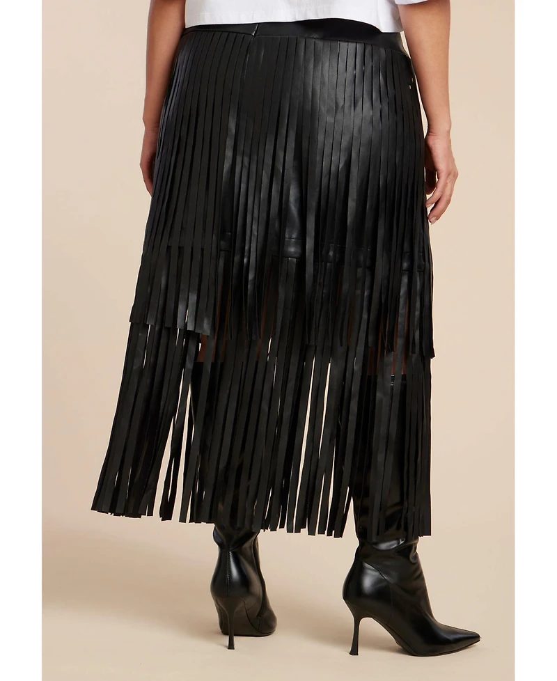 Eloquii Women's Plus Faux Leather Fringe Skirt