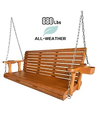 Mega Casa Wooden Porch Swing 3-Seater, High Backrest and Deep Seat, Bench Swing with Cupholders, for Outdoor Patio Garden (Cedar Tone, 5 Ft Extra Larg