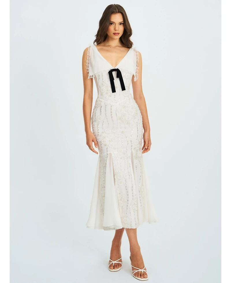 Miss Circle Women Paola White Peter Pan Collar Beaded Sequin Mermaid Midi Dress