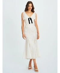Miss Circle Women Paola White Peter Pan Collar Beaded Sequin Mermaid Midi Dress