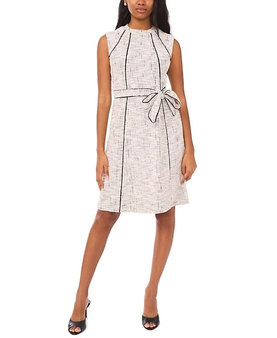 Msk Petite Short Sleeves Belted Tweed Midi Dress