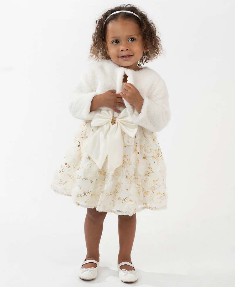 Rare Editions Baby Girls 2-Piece Satin Bodice 3D Flower Jacket Dress and Diaper Cover Set