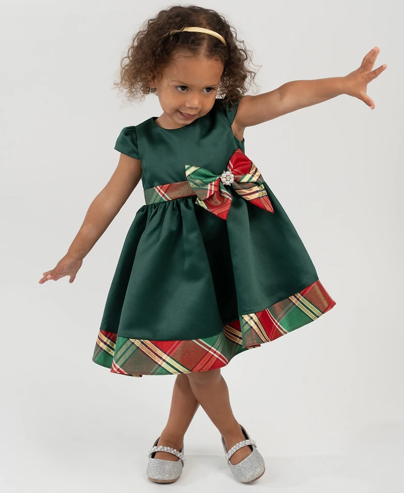 Rare Editions Baby Girls 2-Piece Satin Cap Plaid Bow Dress and Diaper Cover Set