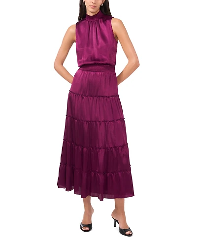 Msk Women's High Neck Tiered Smocked Waist Maxi Dress