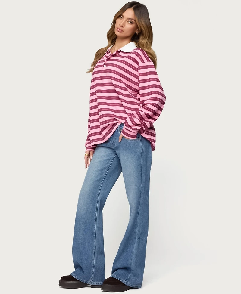 Edikted Womens Maureen Striped Polo Sweatshirt
