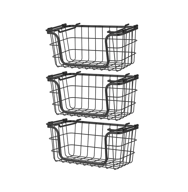 Oceanstar Stackable Metal Wire Storage Basket Set for Pantry, Countertop, Kitchen or Bathroom, Black, Set of 3