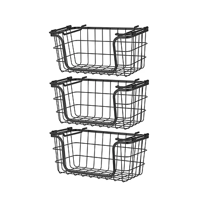 Oceanstar Stackable Metal Wire Storage Basket Set for Pantry, Countertop, Kitchen or Bathroom, Black, Set of 3