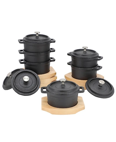 MegaChef 6 Piece Cast Iron 8 Ounce Mini Dutch Oven with Wood Tray