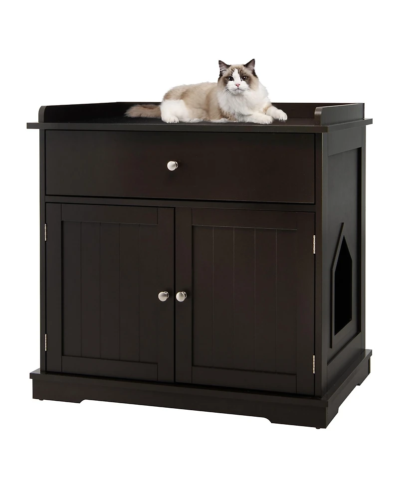 Gymax Wooden Cat Litter Box Enclosure w/ Drawer Side Table Furniture