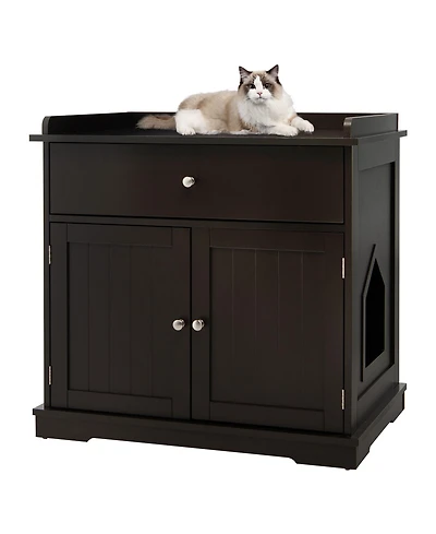 Gymax Wooden Cat Litter Box Enclosure w/ Drawer Side Table Furniture