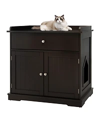 Gymax Wooden Cat Litter Box Enclosure w/ Drawer Side Table Furniture