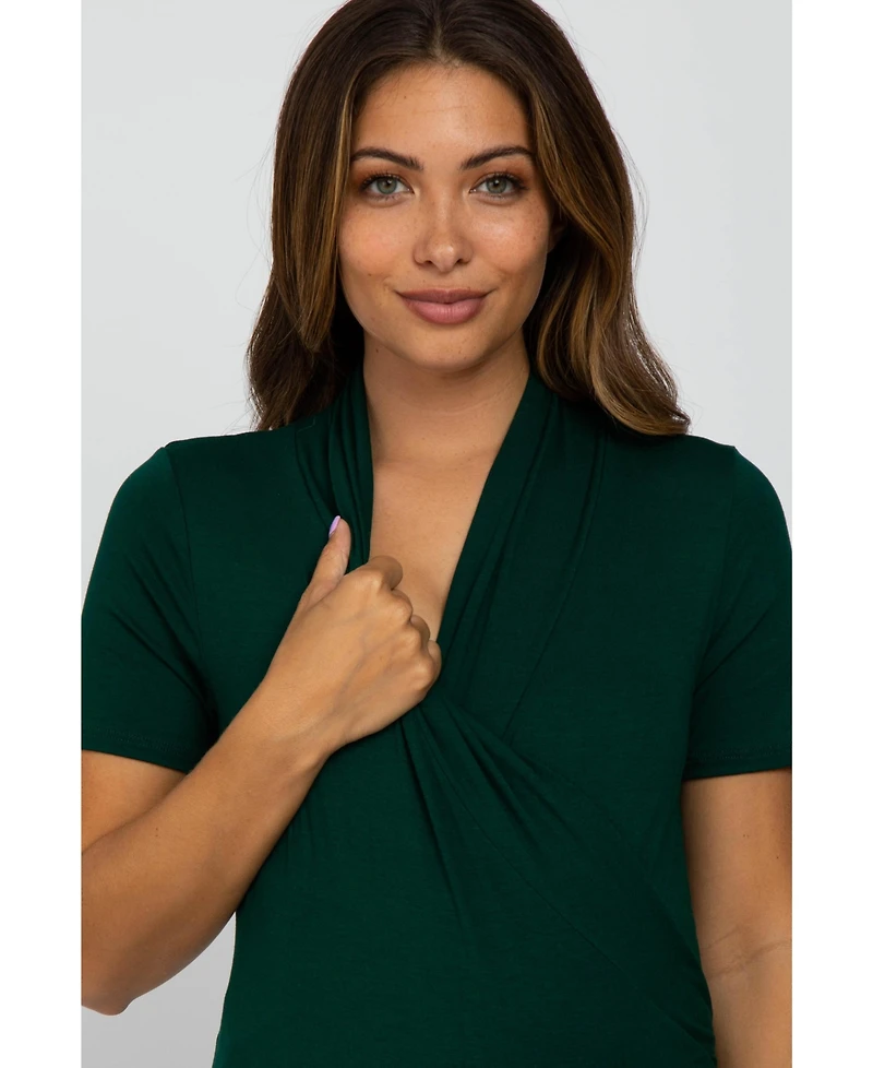 Pinkblush Maternity Forest Green Solid Short Sleeve Wrap Front Maternity/Nursing Top