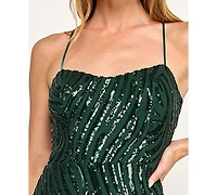 City Studios Women's Wavy Sequin Slim Open Back Long Dress