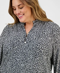 Ak Anne Klein Plus Ruffled-Neck Smocked-Cuff Top