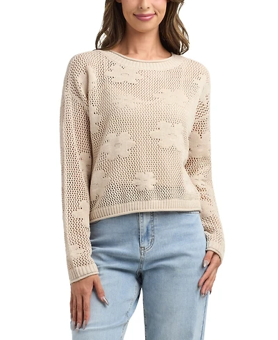 Bcx Women's Resort Daisy Cropped Crew Neck Sweater